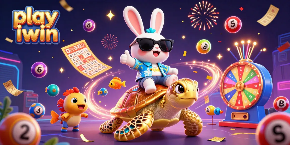 Play iwin to win exciting prizes with animated lucky rabbit and golden turtle in a vibrant casino scene.