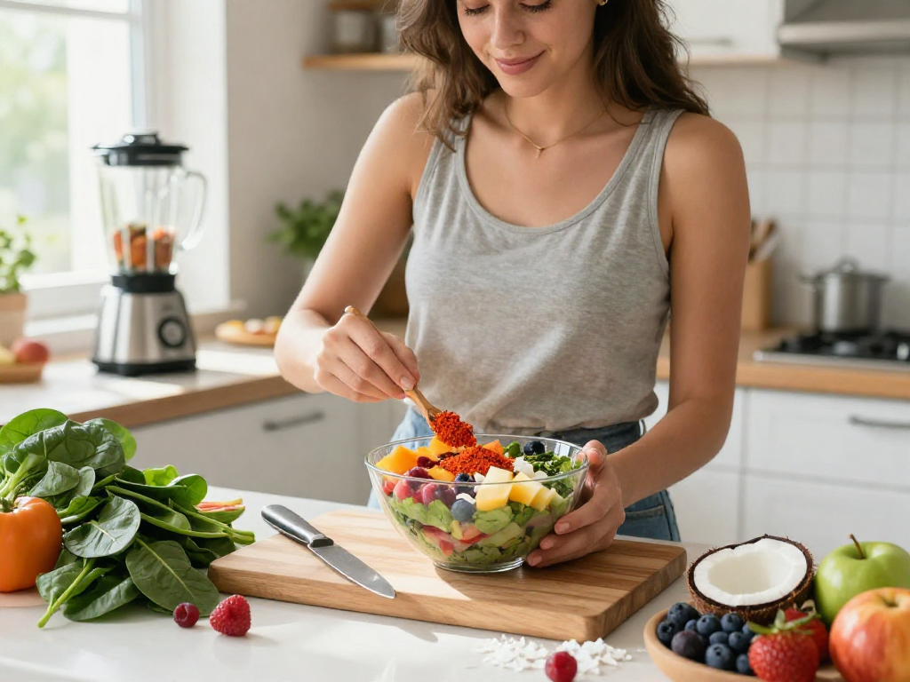 Young woman preparing a smoothie bowl with natural astaxanthin ingredients, emphasizing health and wellness.