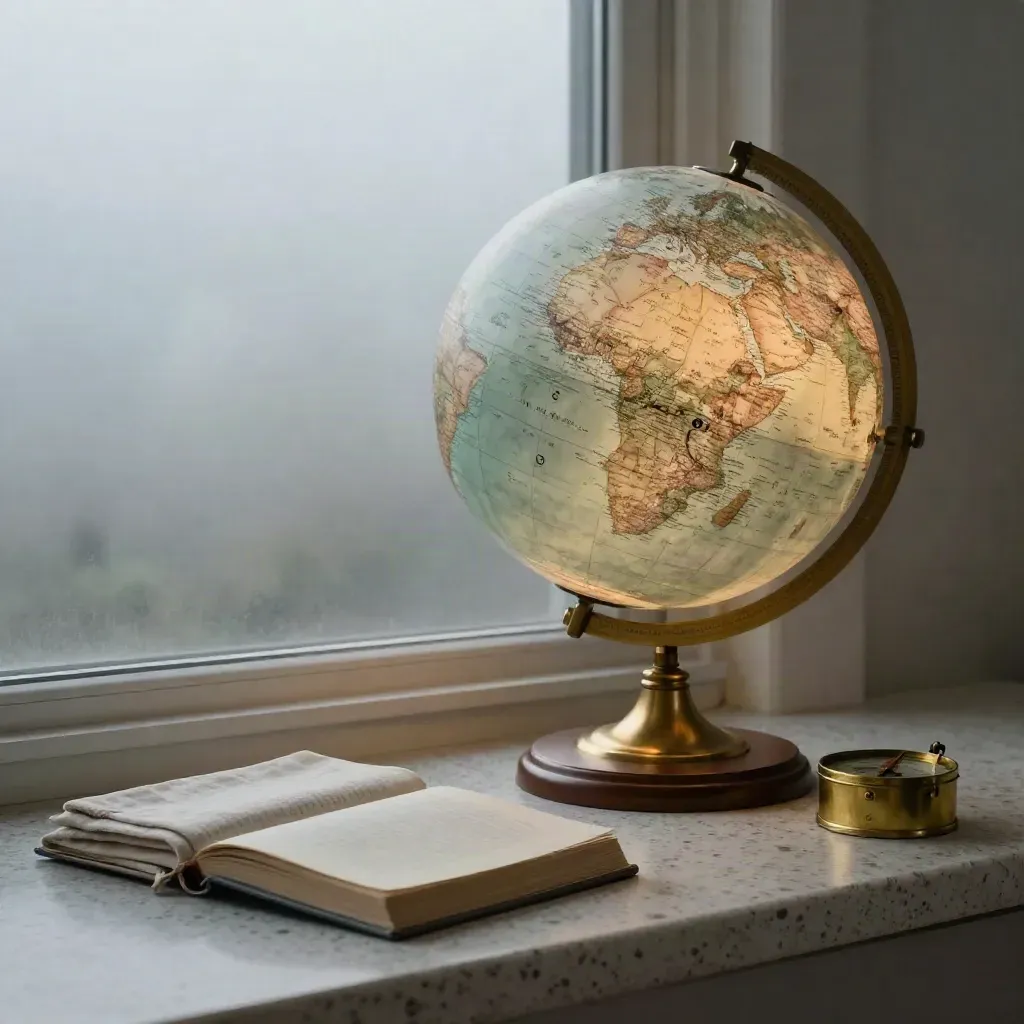 Illuminated learning globe with books, linen wrap and brass box on a misty travertine ledge.