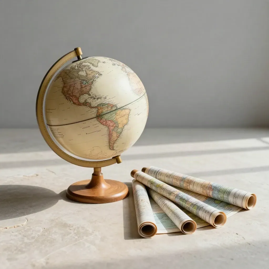 Overhead flat lay of a classroom floor globe with wood ring and rolled map tubes.