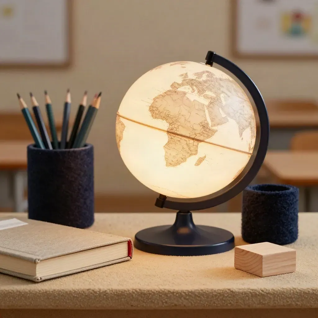 Glowing kids learning globe beside felt cup, book and wood block on a warm shelf