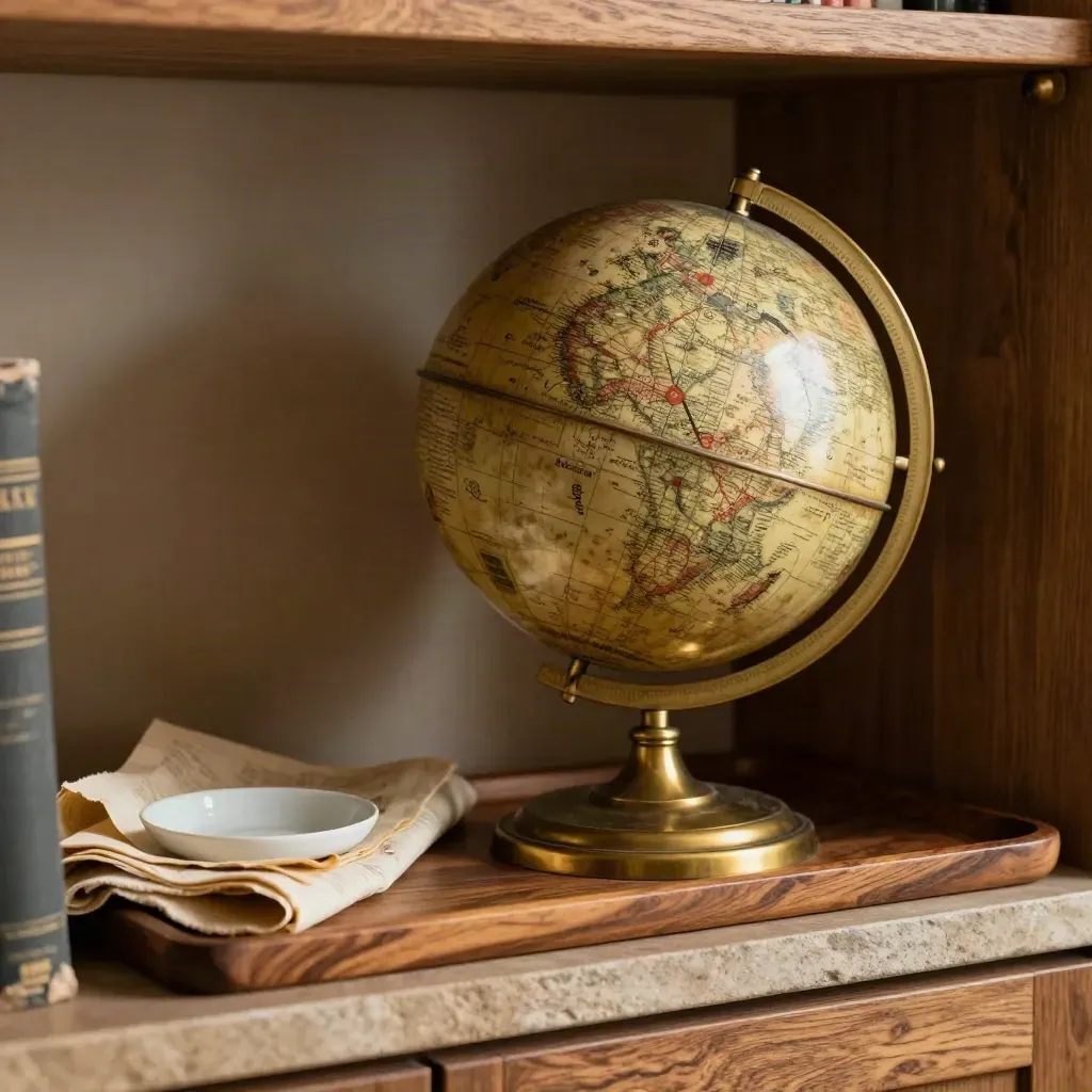 Antique brass desk globe with walnut tray, cloth and ceramic dish on a warm library shelf.