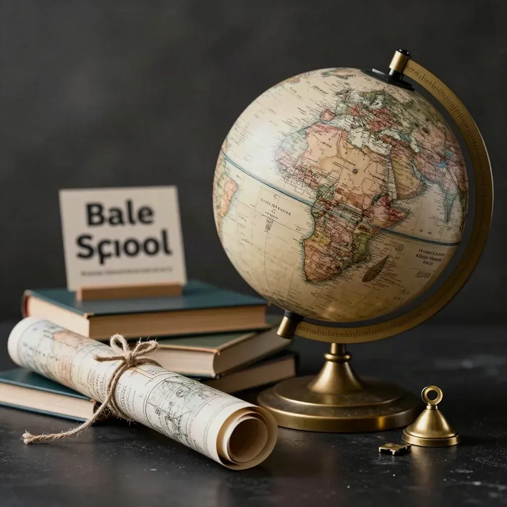 Globe with books, map tubes and brass stand arranged for a back-to-school sale.