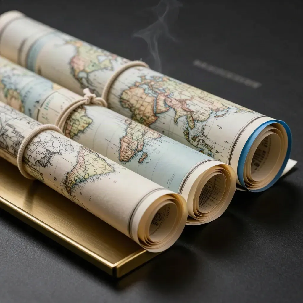 Rolled world map pack with brass tray and linen ties on a dark studio surface.