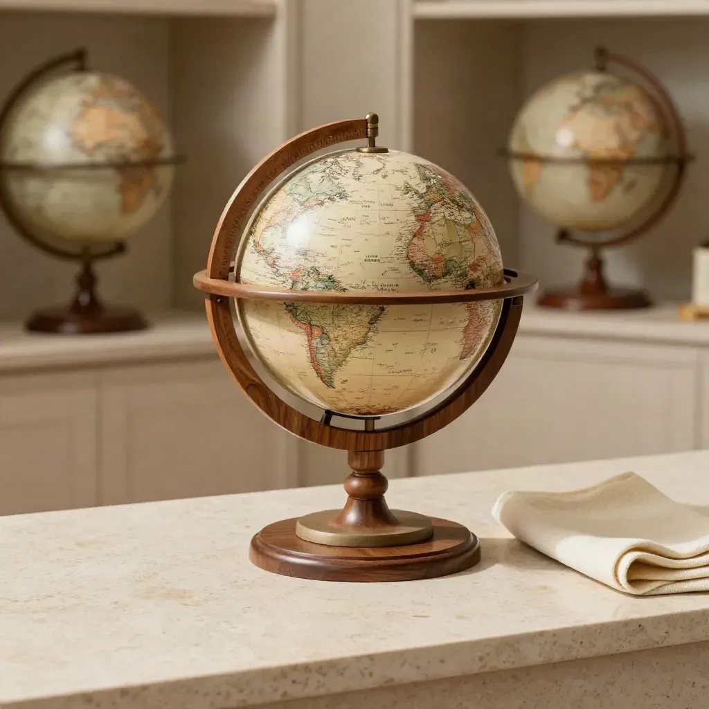 Wood globe stand with pedestal and cloth on travertine, softly lit in a studio showroom
