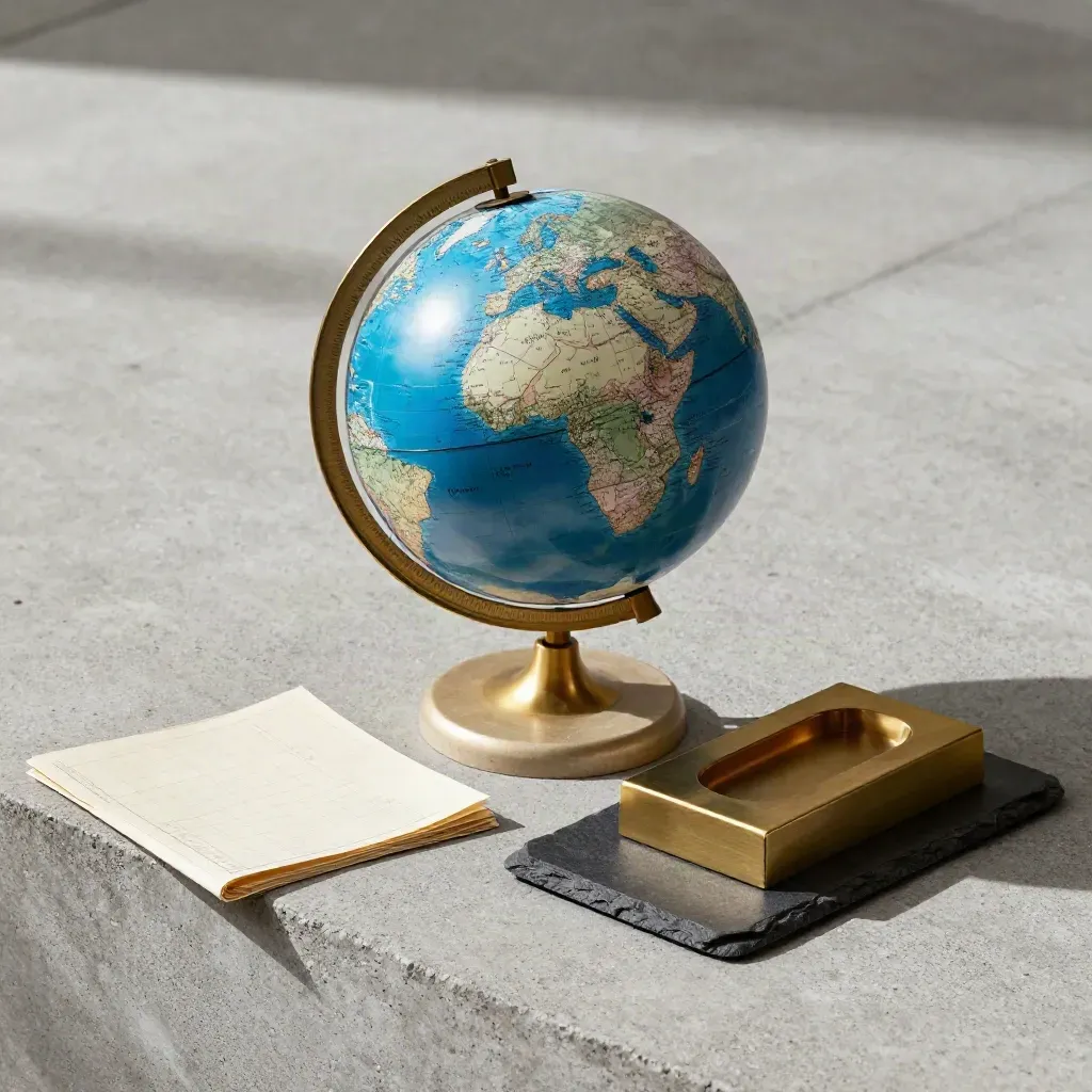 Top-down flatlay of a blue desk globe with brass and slate accessories on concrete
