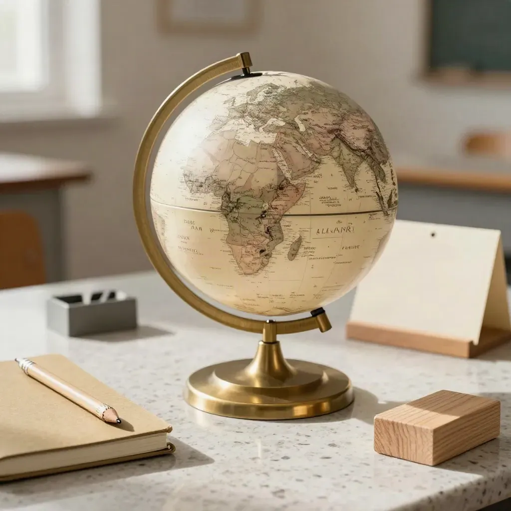 Teacher study globe with notebook, pencil holder and wooden block on a brushed brass base