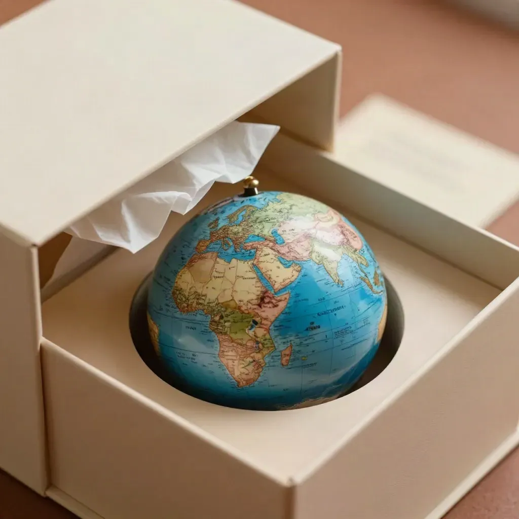 Open gift box revealing a small globe in folded tissue on a warm terracotta surface