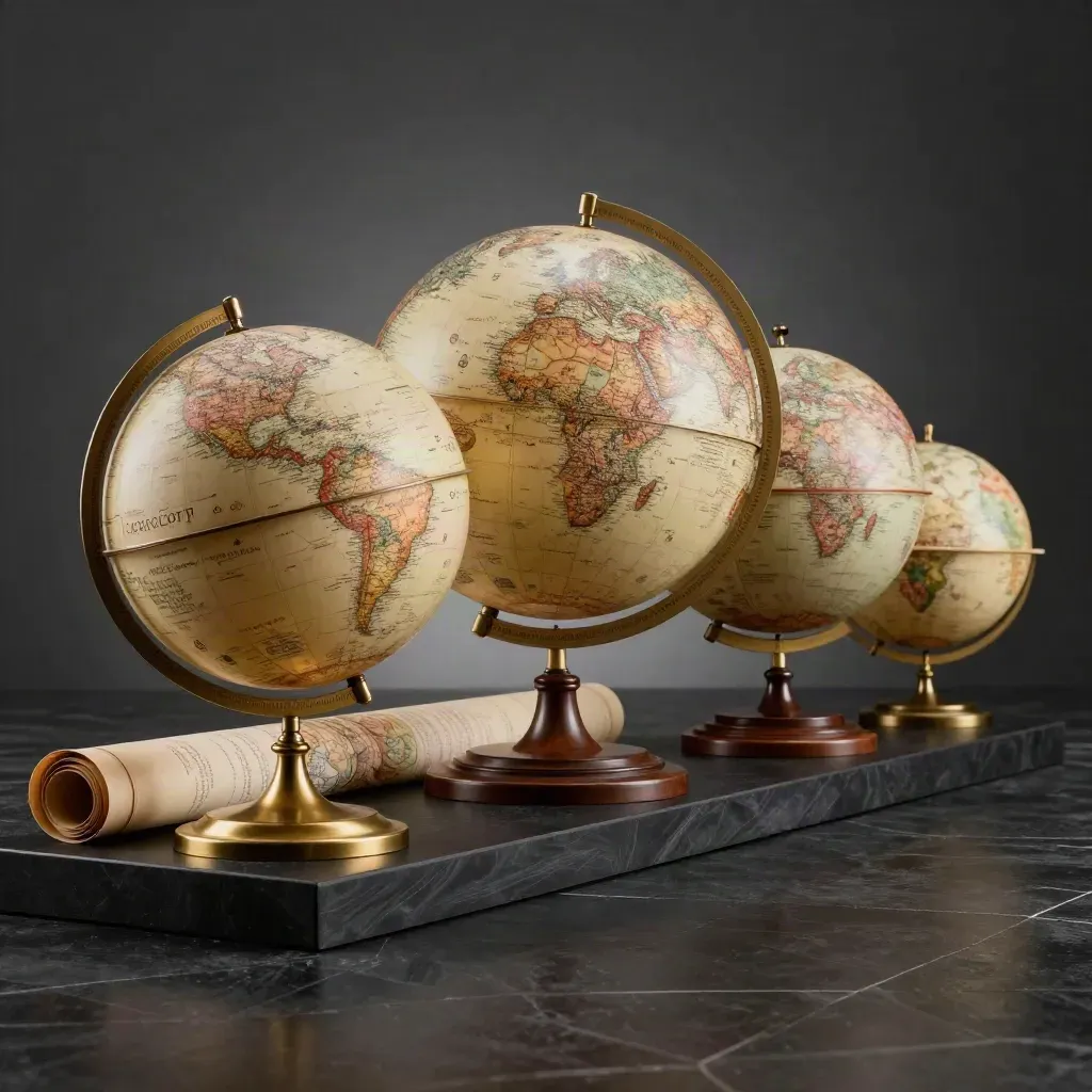 School globe bundle with globes, wall-map roll and brass stand on a dramatic studio surface.