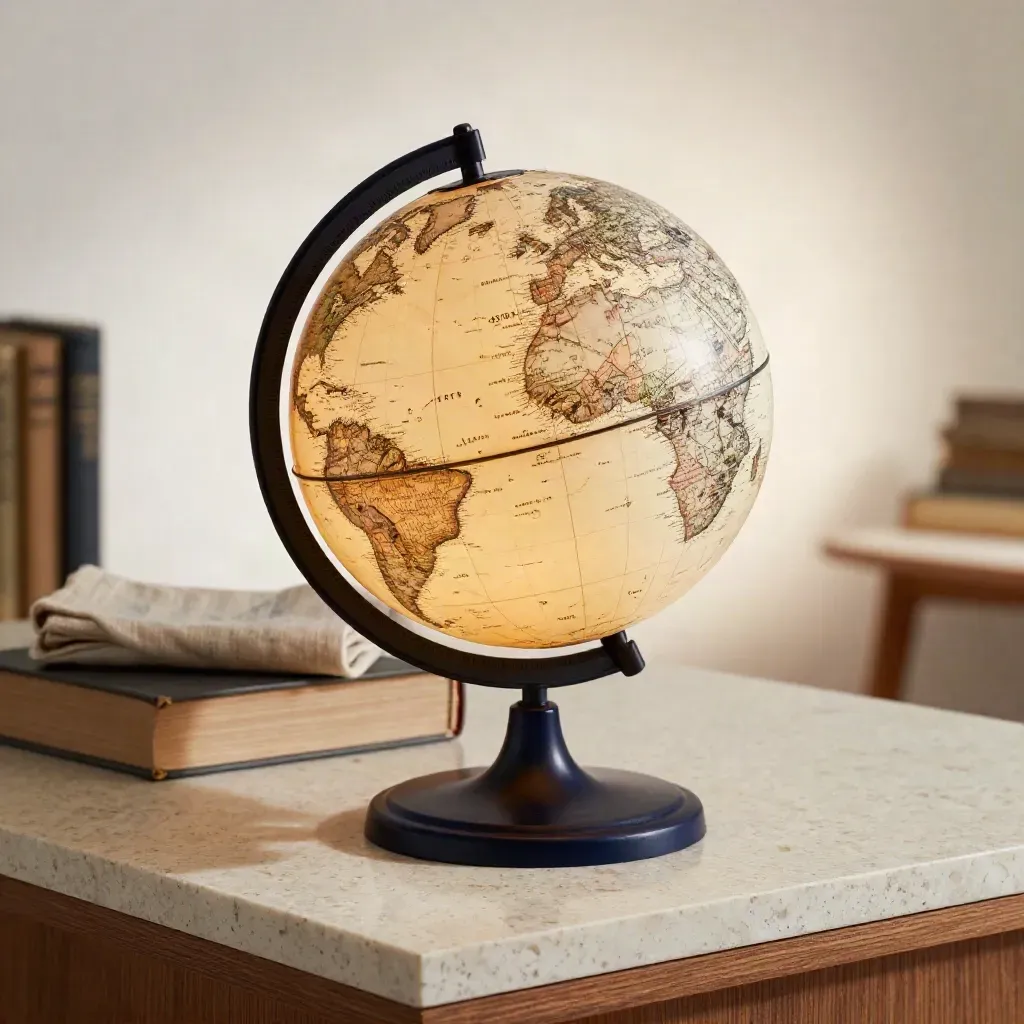 Glowing illuminated desk globe with books and folded cloth on travertine, turned to the Pacific.