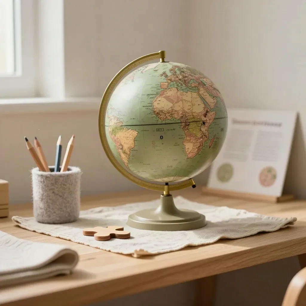 Kids globe with felt pencil cup and puzzle piece on a linen mat in soft daylight.