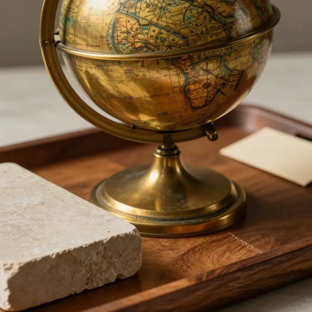 Antique brass globe close-up with stand, leather tray, stone block, and folded card back.