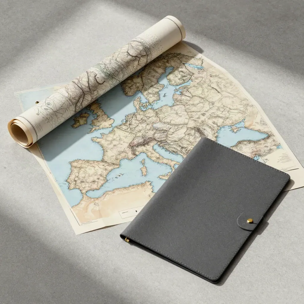Overhead flatlay of a rolled Europe wall map with brass clips and a slate portfolio sleeve on concrete.