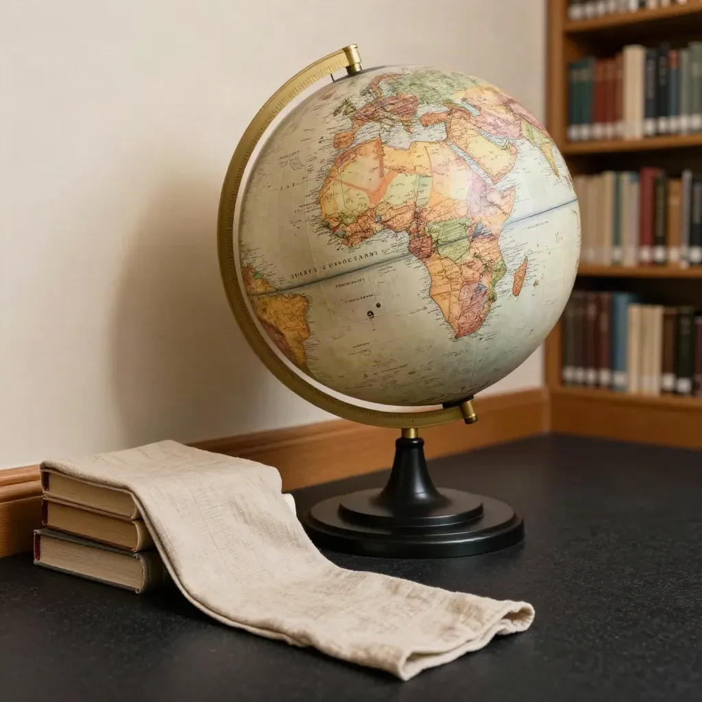Large classroom globe beside books and a folded cloth on a dramatic dark plinth.
