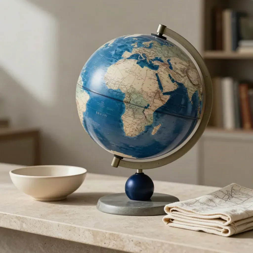 Blue ocean table globe on a simple stand beside a cream bowl and folded map sleeve.