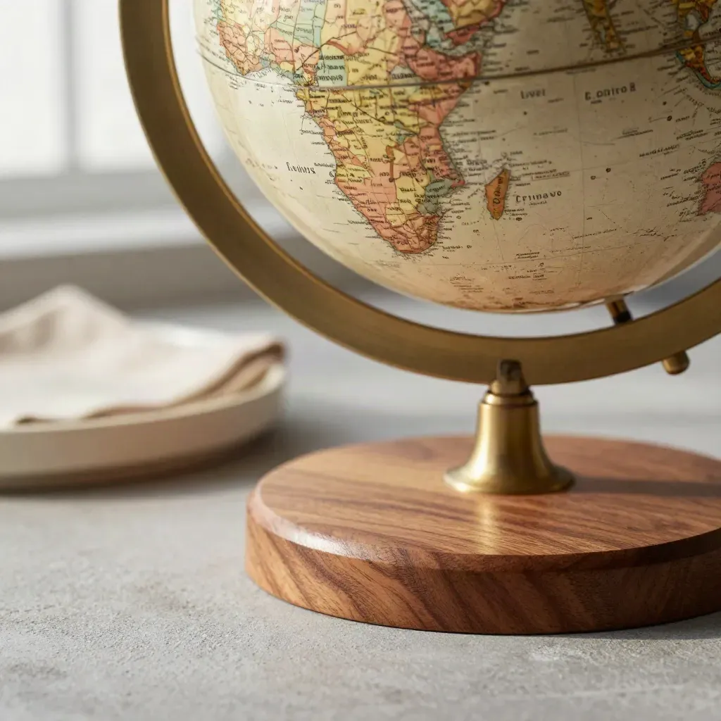 Macro of a wood globe stand with brushed metal arc and neutral tray on a concrete surface.