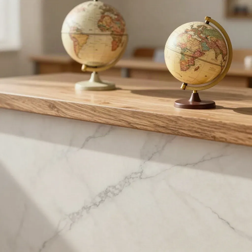 Pale marble surface with warm oak ledge and a blurred children’s globe high in soft daylight.