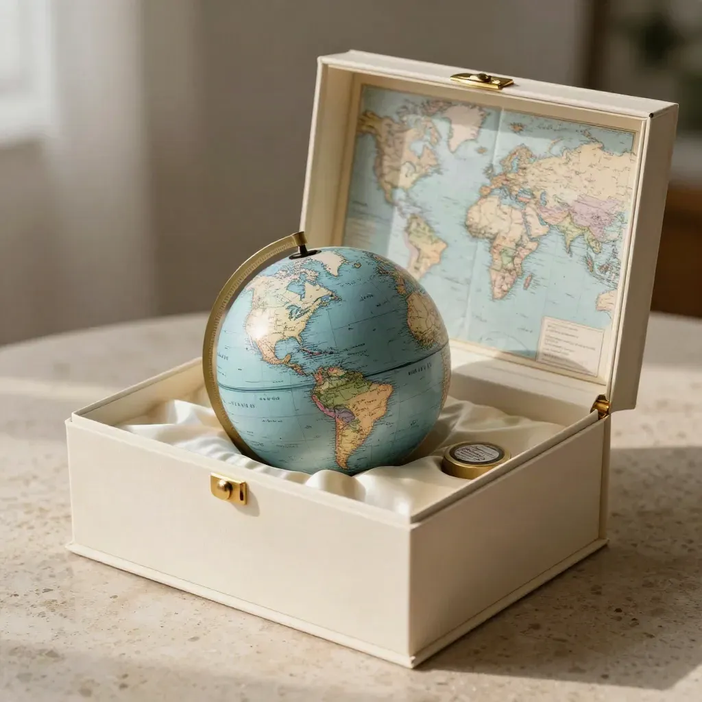 Opened gift box with a globe and matching map piece on travertine, soft daylight