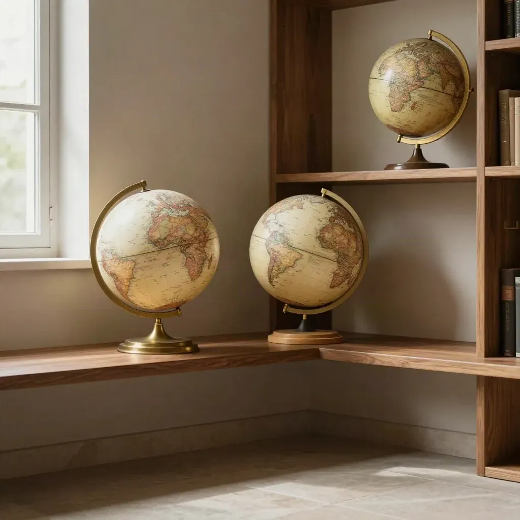 Quiet library nook with globes on a shelf, brass glint, and airy copy space below.