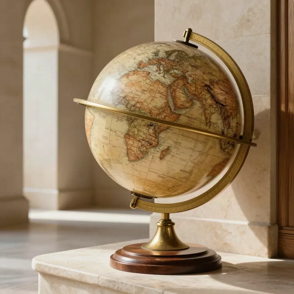 Antique desk globe in a sunlit stone hallway with arch, oak trim, and warm brass reflections.