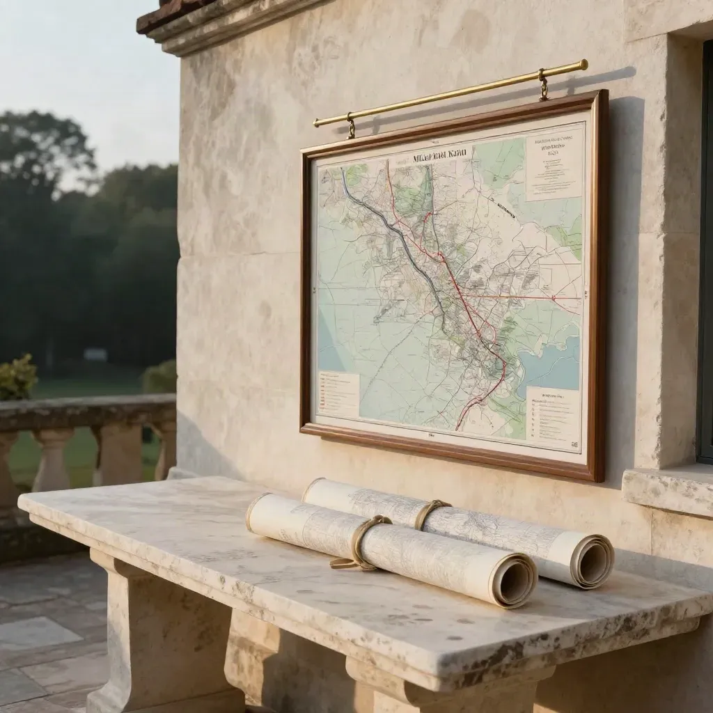 Stone table with rolled wall maps by a bright facade and hazy treeline at sunset.