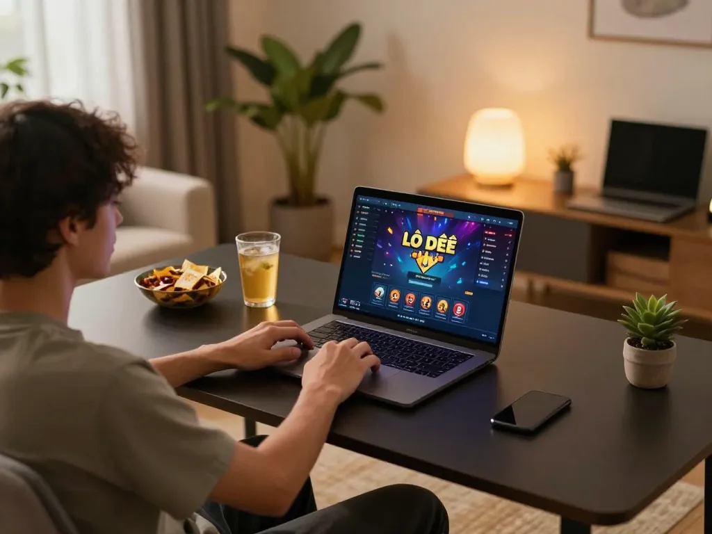 Lô đề online gameplay on a laptop with cozy home environment and engaging atmosphere