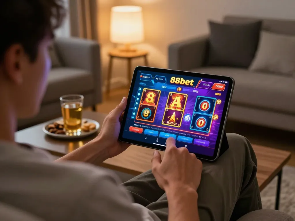 Player enjoying an engaging game at 88bet casino using a tablet, showcasing mobile gambling lifestyle.