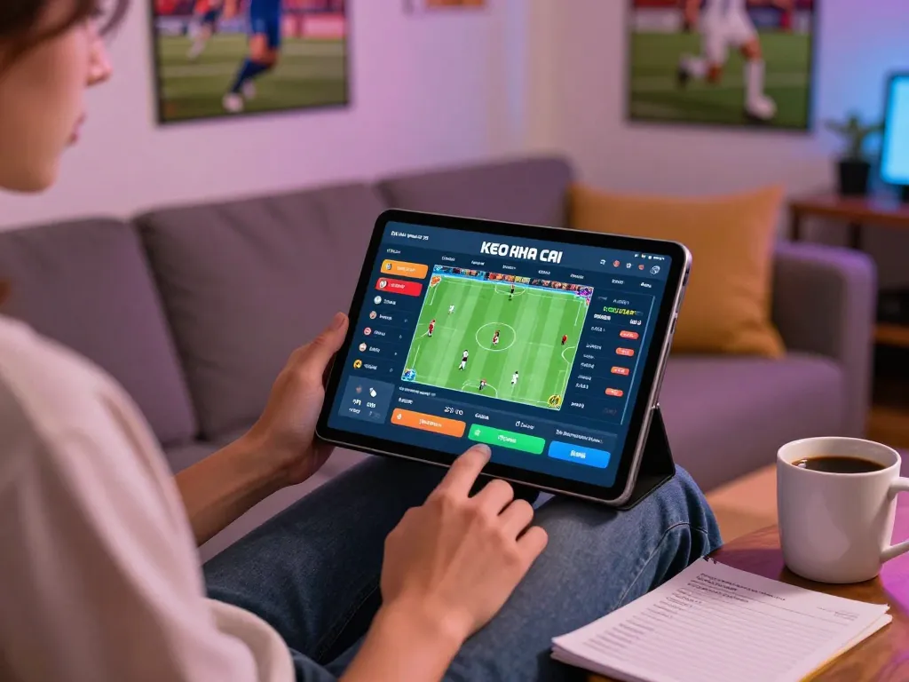 Person using tablet for keo nha cai sports betting at home, featuring live odds and cozy atmosphere.