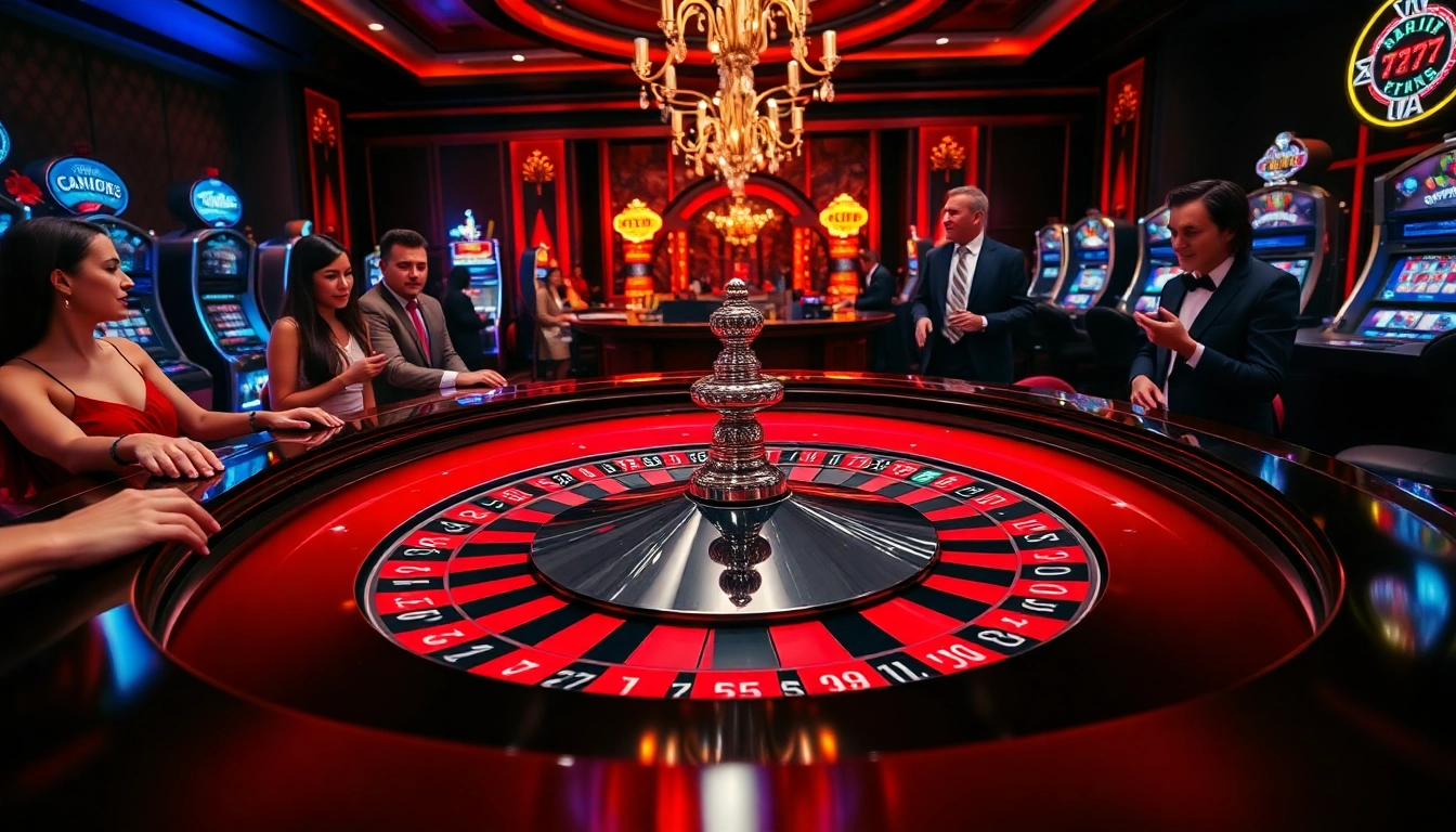 Players enjoying a thrilling game at the casino with seven77 motifs on chips and tables.