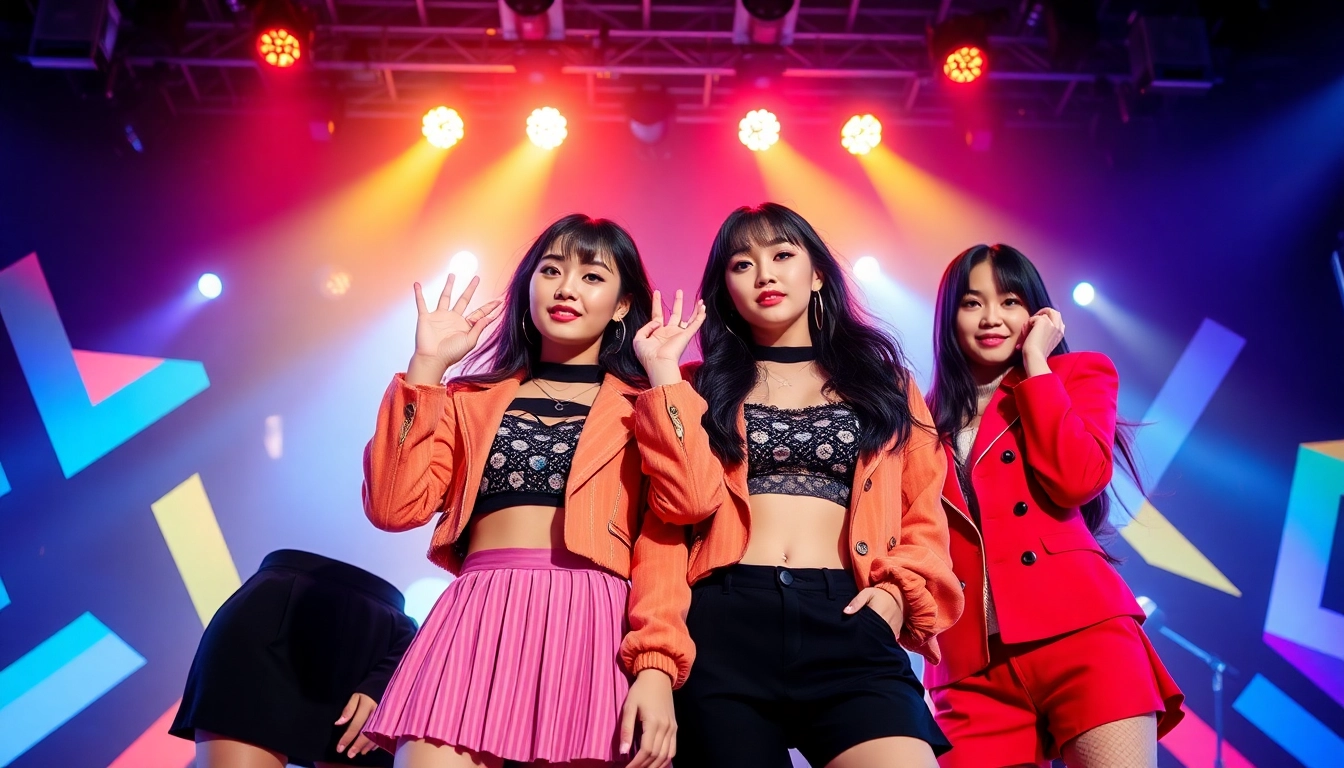 blackpink members in vibrant poses showcasing their unique styles in a K-pop setting