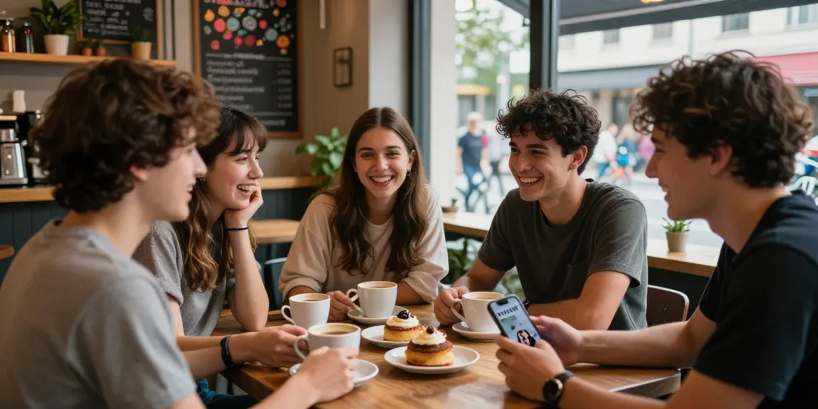 Group of friends sharing their crush on someone at a cozy café