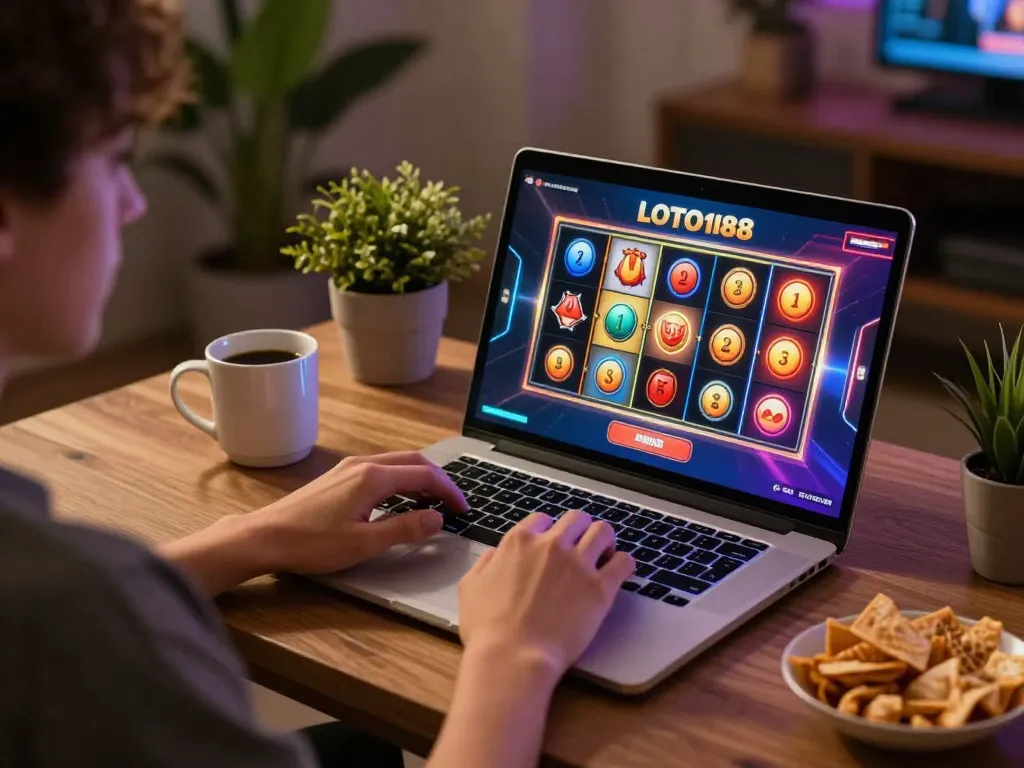 LOTO188 player celebrating a winning moment while engaged in an online slots game at home, showcasing excitement and engagement in online gambling.