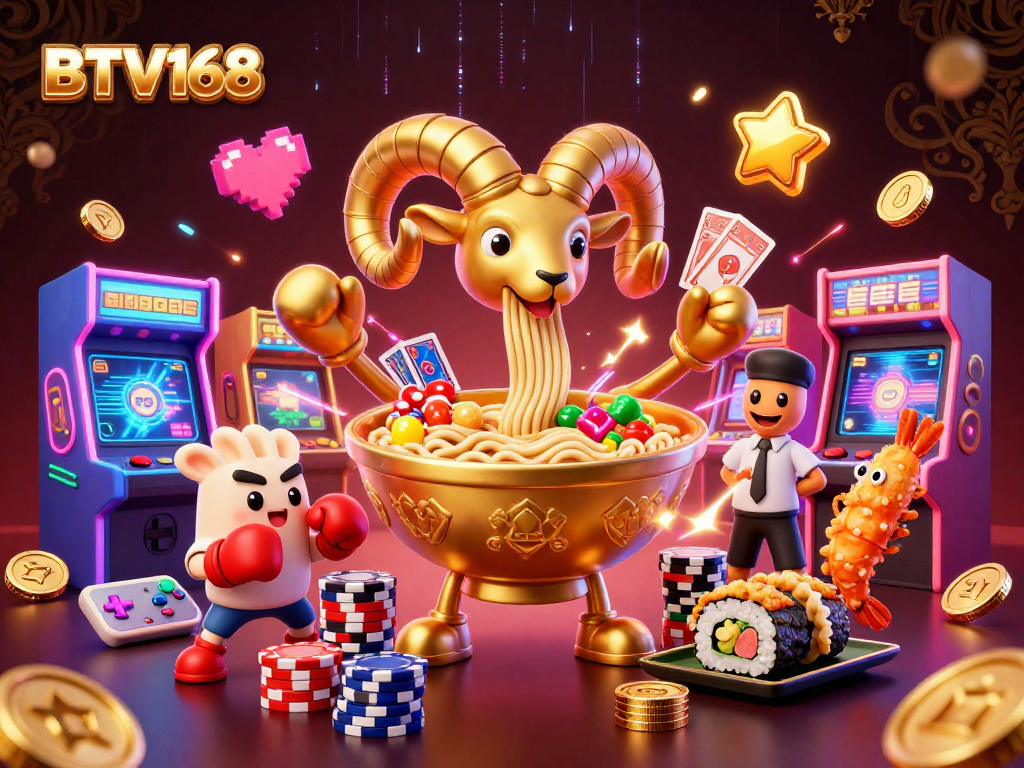 Join in the excitement with BTV168's colorful casino-themed digital illustration featuring lively characters.