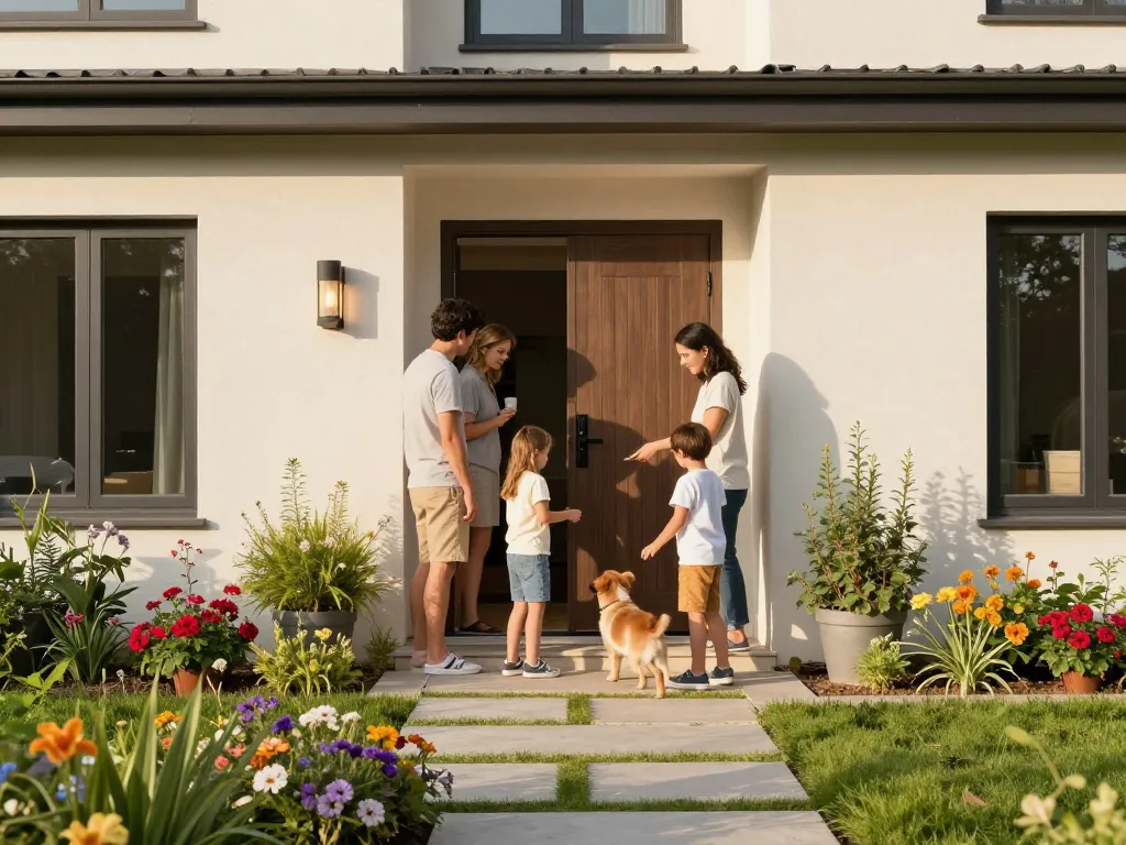 Stilvolle Haustür als Mittelpunkt eines warmen Familienzusammenkommens in einem grünen Garten.