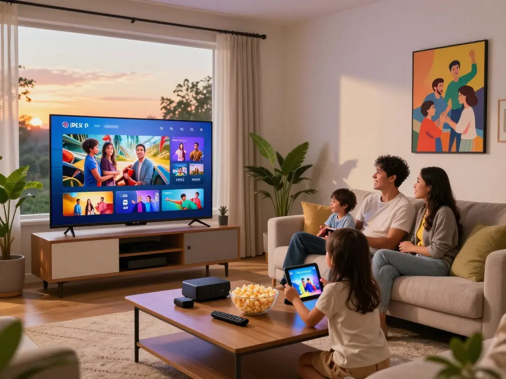 Gezin geniet van de IPTV Nederland ervaring op een Smart TV in een gezellige woonkamer