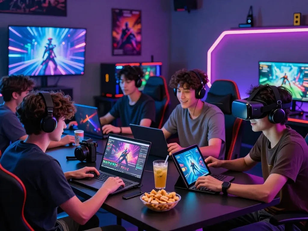 Exciting online gaming scene with players enjoying games on high-tech devices, highlighting vegasslot77 as the perfect platform for thrilling experiences.