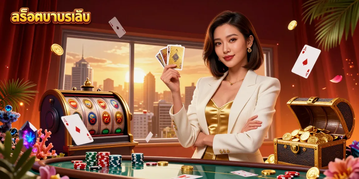 Experience the thrill of สล็อตทดลองเล่น with an elegant dealer showcasing exciting slot machines and casino elements.