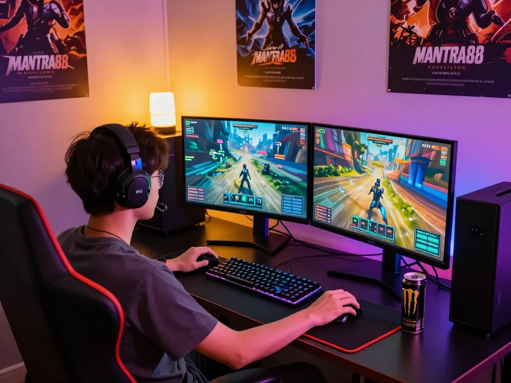 Player engaged in mantra88 login on dual monitors in a vibrant gaming setup.
