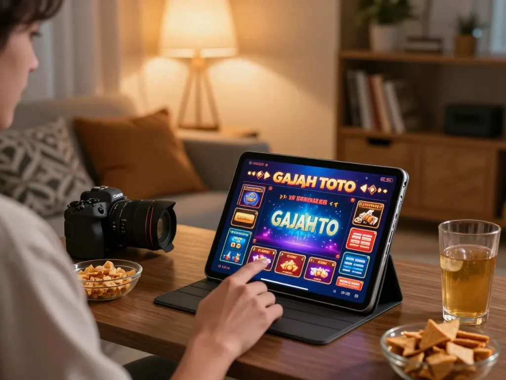Engaging in Gajah Toto online gaming with a tablet while enjoying a cozy home atmosphere.