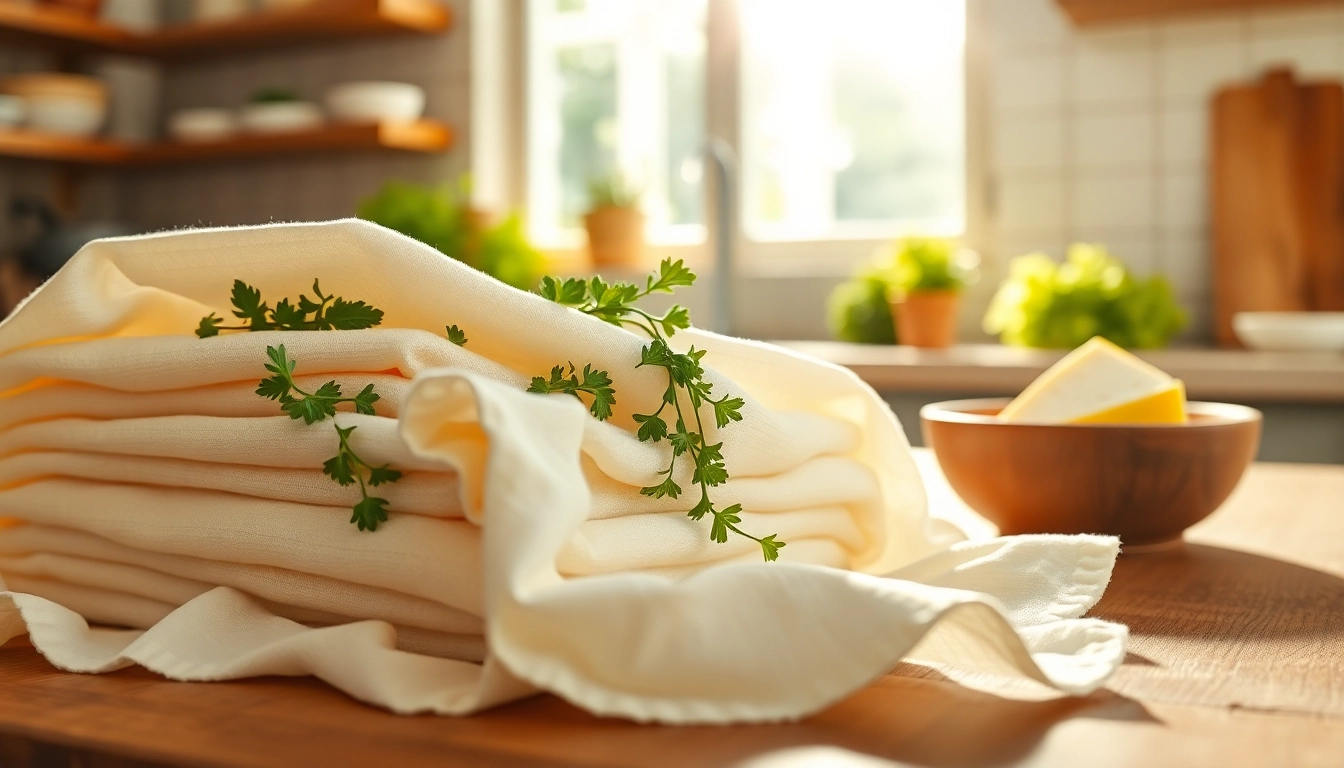 Kaasdoek met verse kaas en kruiden in een zonnige keuken op een houten aanrecht.