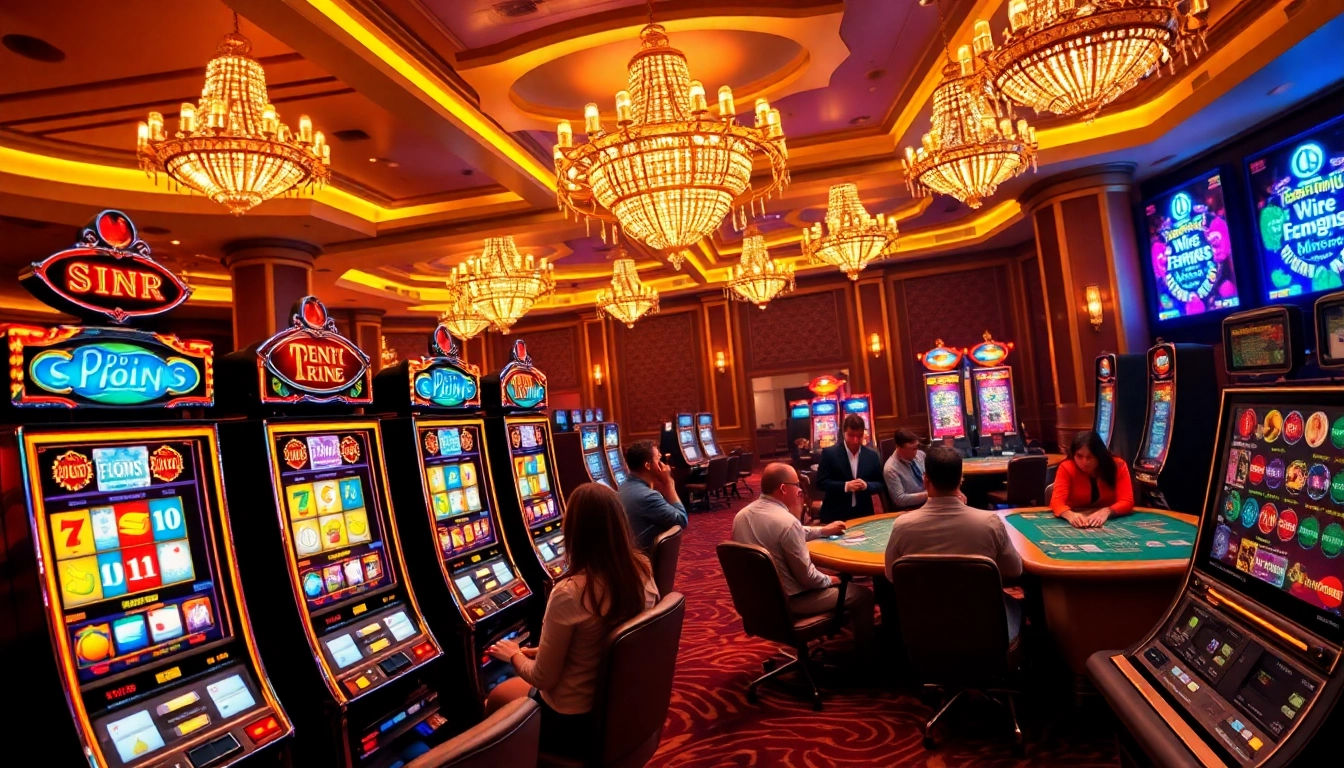 Players experiencing the thrill of slot machines in a luxurious casino atmosphere.