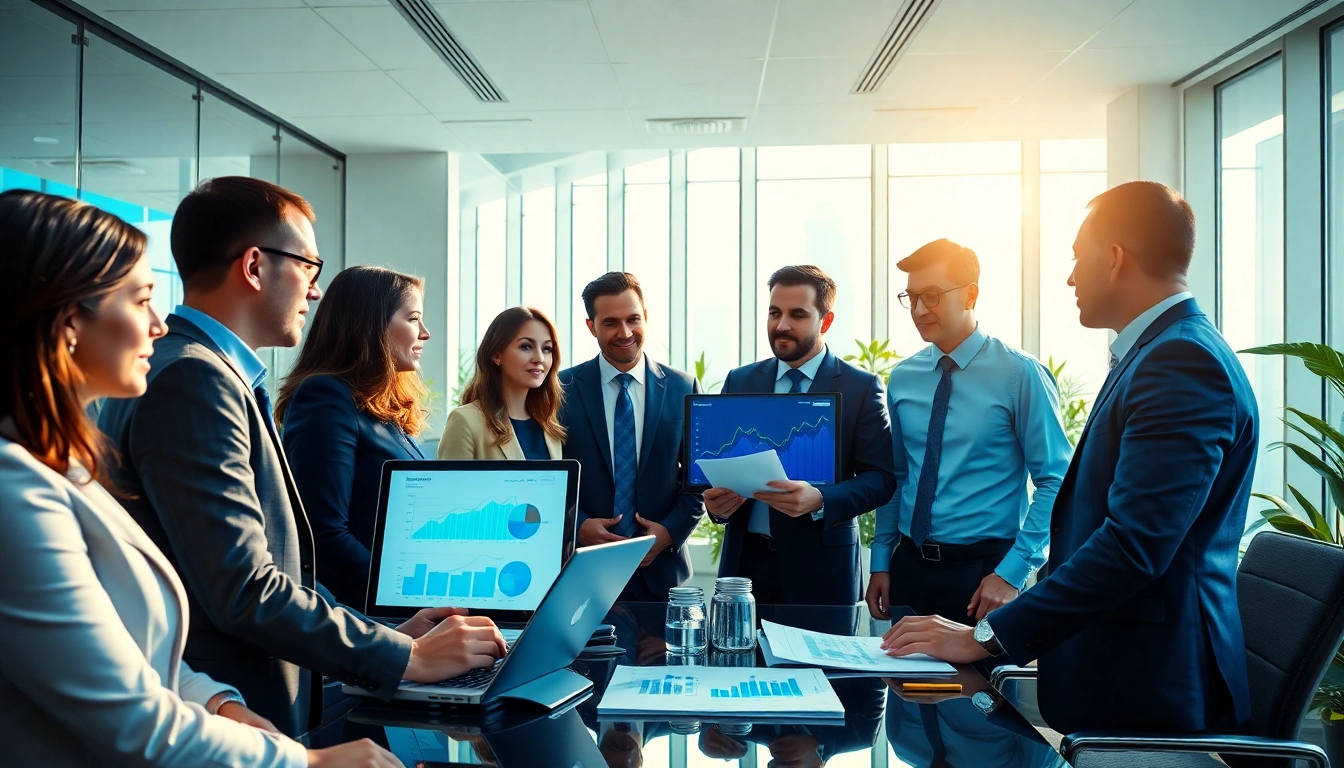 Analyze competitor pricing strategies with a diverse team in a modern office.