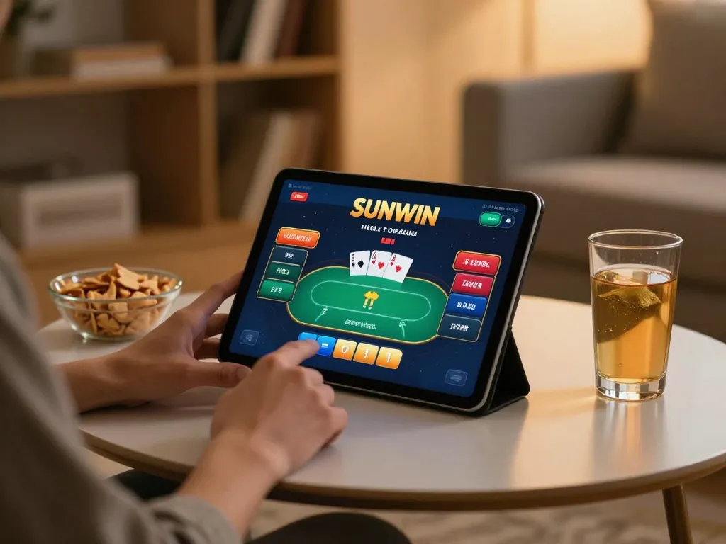 SUNWIN online casino gameplay interface on tablet, showcasing vibrant poker action in a home setting.