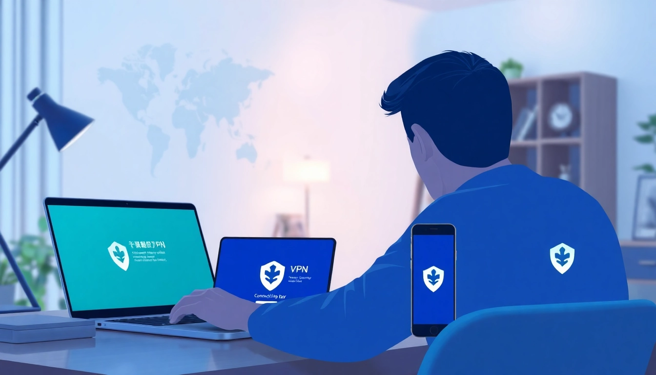 现代办公室中多设备上的快连 VPN 徽标，展示无缝连接。