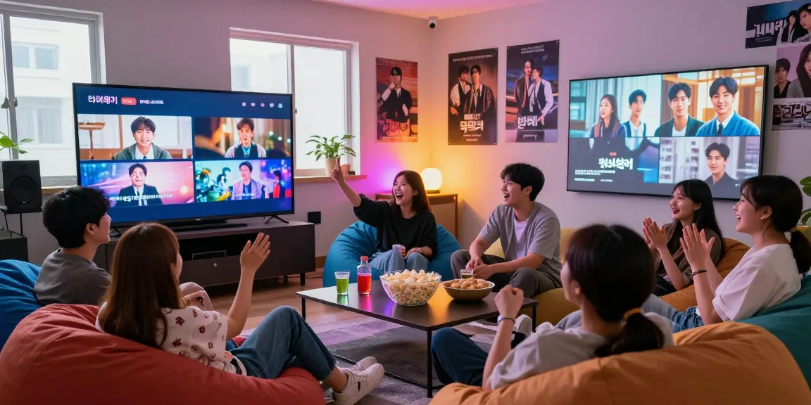 티비위키에서 드라마를 시청하는 젊은이들이 함께 즐기는 모습