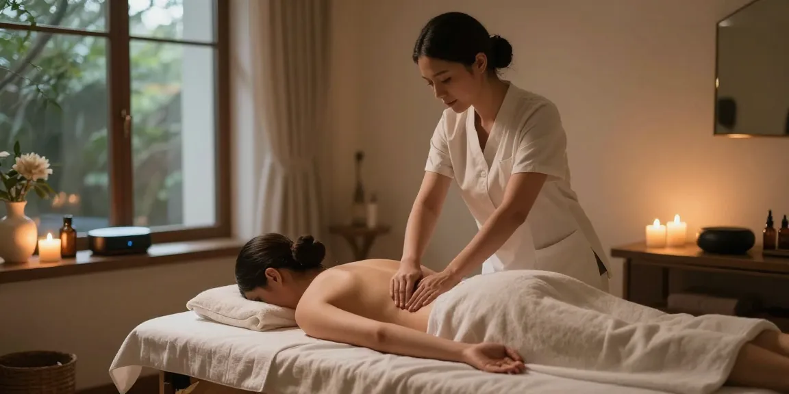 스웨디시 마사지가 이루어지는 고급스러운 스파 환경의 마사지룸 모습