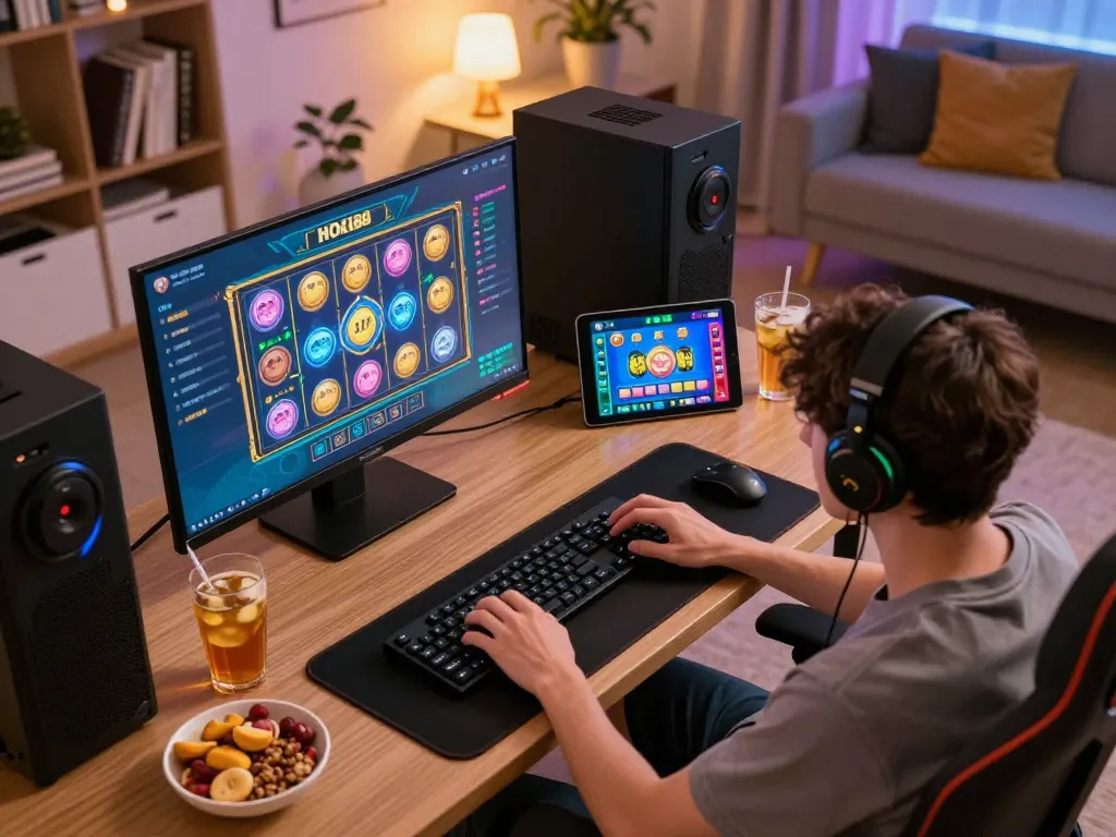 Memainkan Hoki link di tablet dalam suasana rumah yang nyaman dengan camilan dan perangkat gaming.