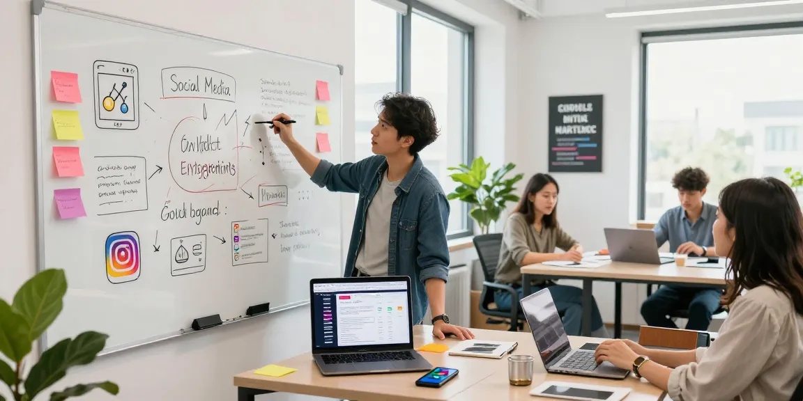 Buy Instagram post likes to enhance engagement, featuring a young content creator brainstorming strategies in a vibrant office.