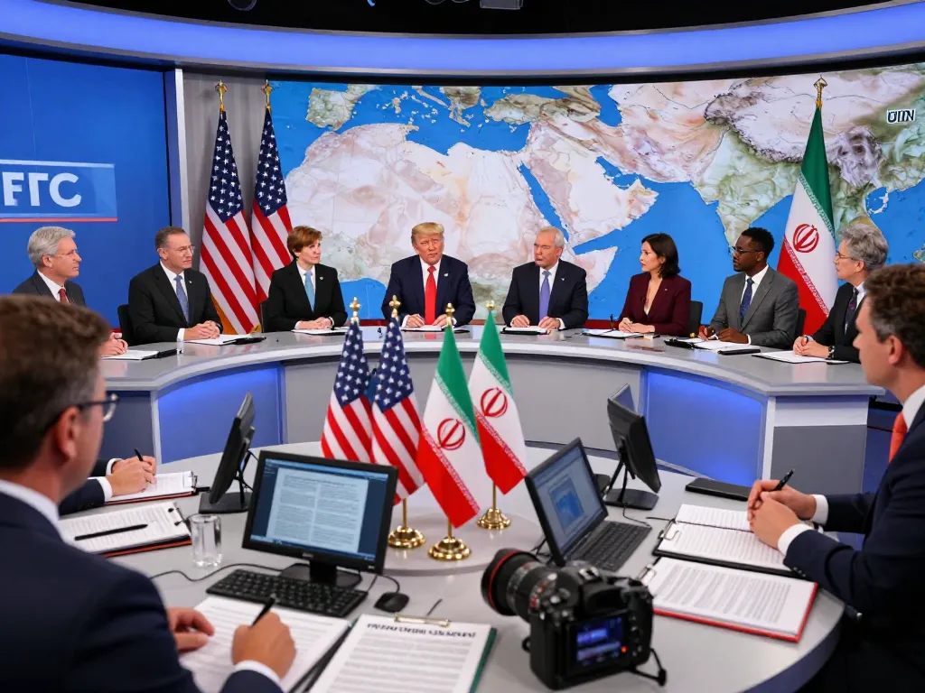 Newsroom analysis on Trump Iran policy featuring expert discussions and geopolitical maps.
