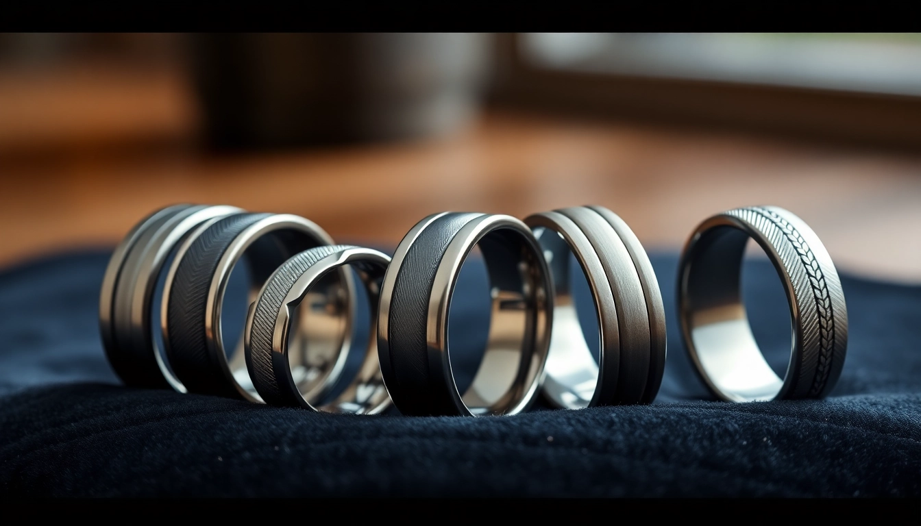 Showcasing exquisite tungsten rings highlighting unique textures and details on a velvet surface.